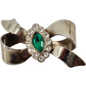 Hans Hansen Silver Ribbon Bow Green Rhinestone Brooch Pin "C" Catch Hook 1930's